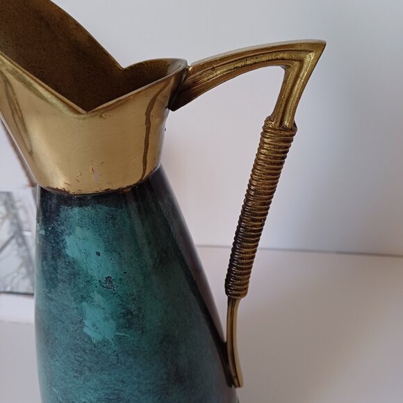Vintage Oppenheim Turquoise Enamel & Solid Brass Pitcher Jug Made in Israel 11'' - Picture 5 of 11
